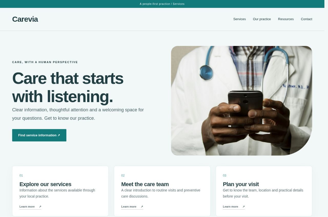 Carevia homepage rendered in WordPress
