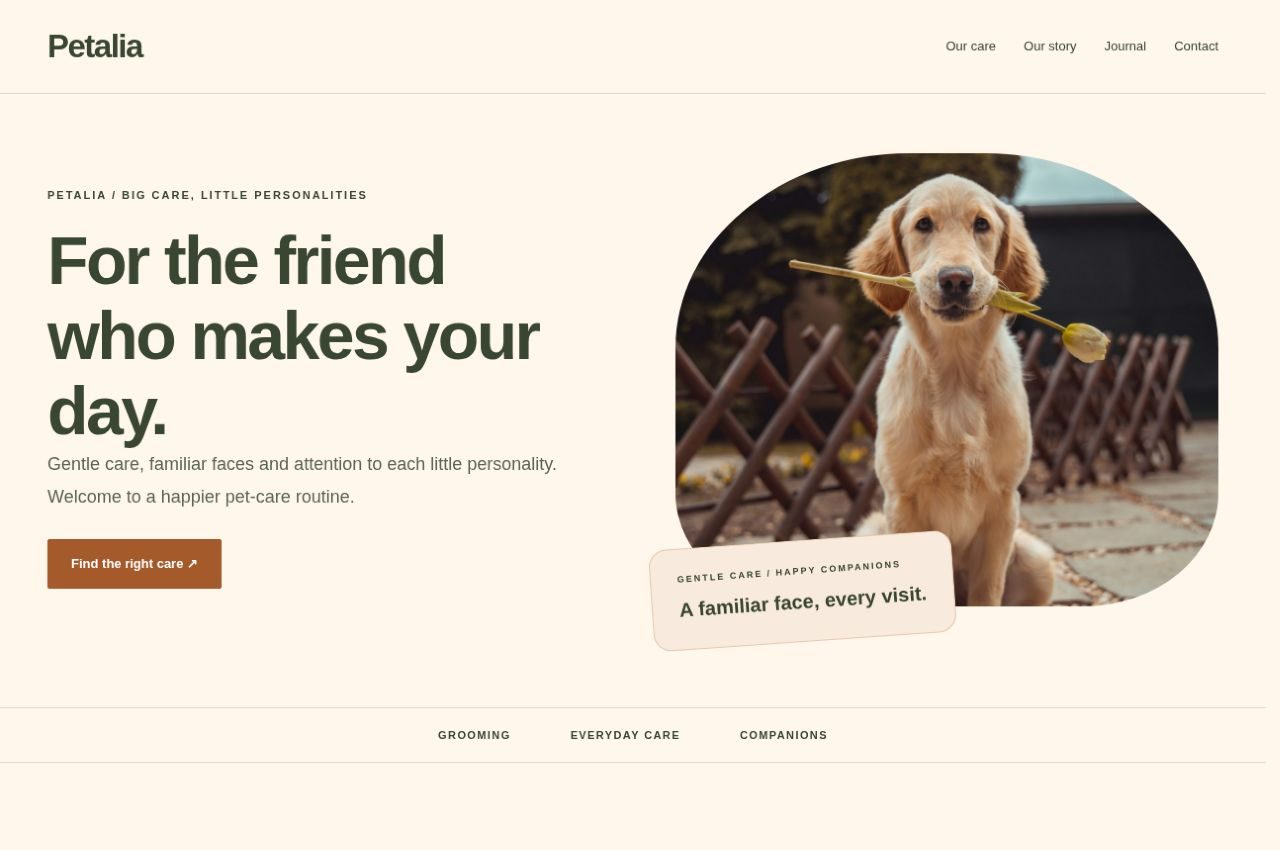 Petalia homepage rendered in WordPress